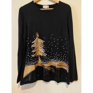 Drapers & Damons Sequins Christmas Tree Sweater Size‎ S Holiday Gold Black Snow